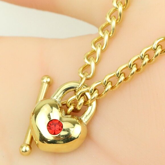 Gold Plated Heart Pendant Necklace With Red Stone Charm, XPNL0380 - Picture 1 of 12